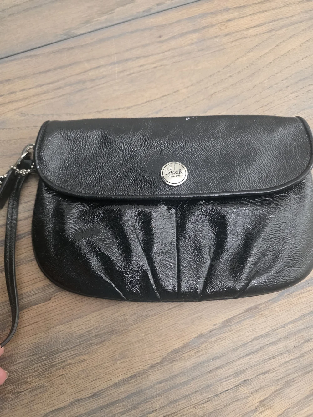 Coach Black Patent Leather Wristlet with Silver Logo